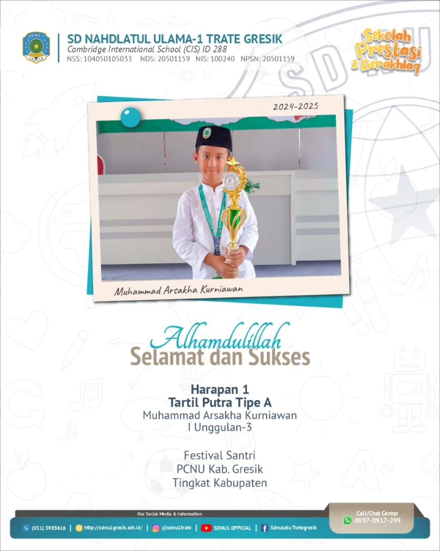 Kak Muhammad Arsakha Kurniawan, Kelas 1 U-3, Harapan 1 Tartil Putra Tipe A, pada Festival Santri, PCNU Kab.Gresik, Tingkat Kabupaten