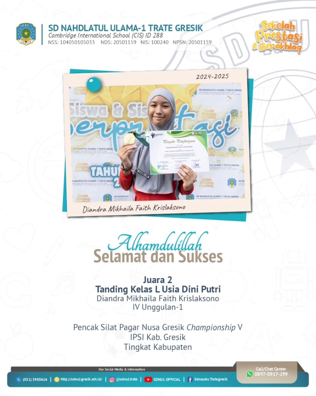 Diandra Mikhaila Faith Krislaksono kelas IV U1  pada Pencak Silat Pagar Nusa Gresik Championship V , IPSI Kab.Gresik , Tingkat Kabupaten  Juara 2 Tanding Kelas L Usia Dini Putri