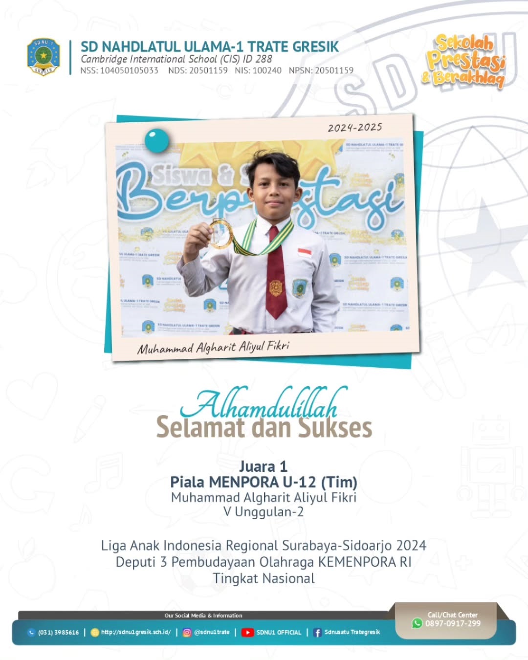 Muhammad Algharit Aliyul Fikri kelas V U-2     pada kejuaraan Liga anak indonesia regional surabaya-sidoarjo 2024, Deputi 3 pembudayaan olahraga KEMENPORA RI. Tingkat Nasional  Juara 1 Piala Menpora U-12 (Tim) 